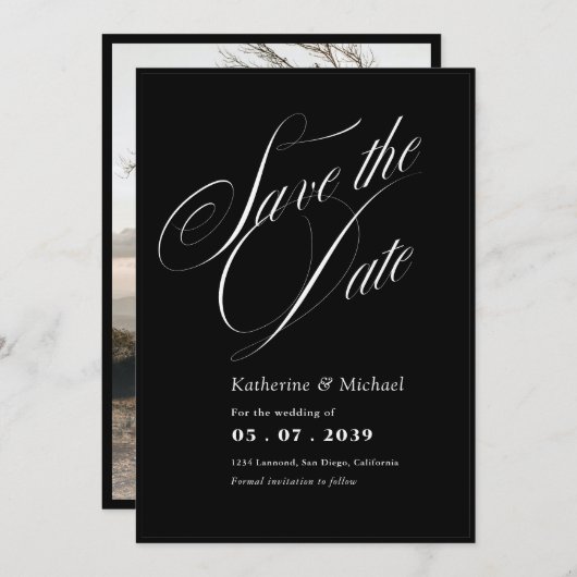 ロマンチックな台本の書道結婚写真の救追加 セーブザデート (正面/裏面)