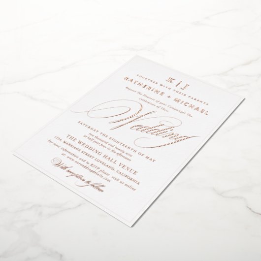 ロマンチックな台本書道モノグラム結婚金ゴールド 箔招待状 (回転した状態)
