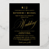 ロマンチックな台本書道モノグラム結婚金ゴールド 箔招待状 (正面)