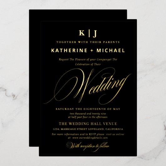 ロマンチックな台本書道モノグラム結婚金ゴールド 箔招待状 (正面/裏面)