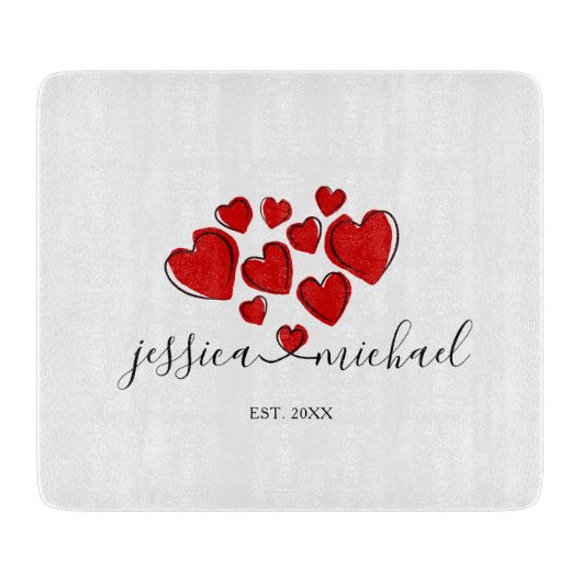 ロマンチックな名前(ハートで接続) パーソナライズされた カッティングボード (正面)