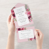 ロマンチックな埃っぽいバラ牡丹モダン枠 オールインワン招待状 (貼ってはがせる)