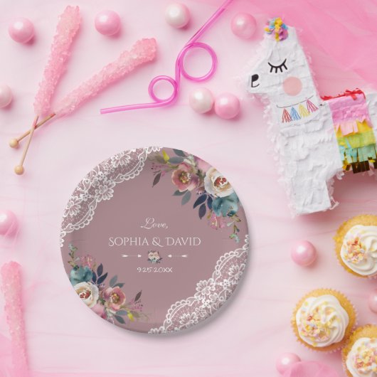 ロマンチックな埃っぽいブルーほこりっぽいバラ結婚の花 ペーパープレート (パーティー)