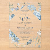 ロマンチックな埃っぽいブルーウォーターの色結婚フローラ アクリル招待状 (正面)