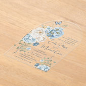 ロマンチックな埃っぽいブルーウォーターの色結婚フローラ アクリル招待状 (レイダウン)