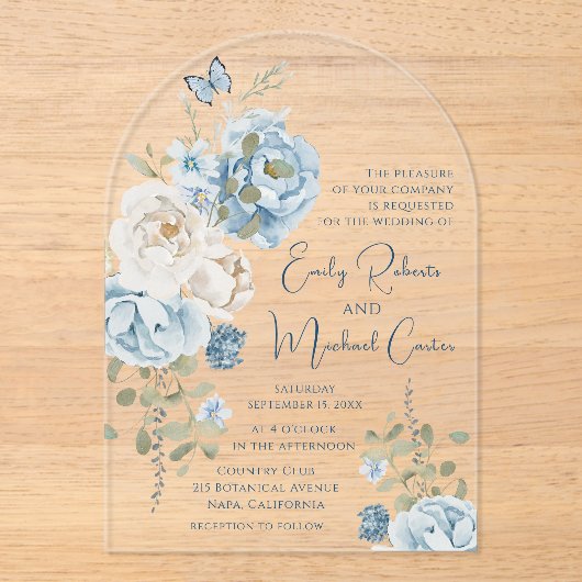 ロマンチックな埃っぽいブルーウォーターの色結婚フローラ アクリル招待状 (正面)