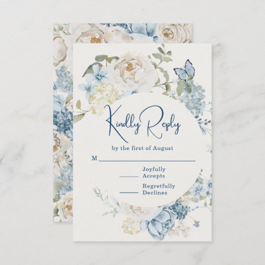 ロマンチックな埃っぽいブルーウォーターの色結婚フローラ 出欠カード (正面/裏面)