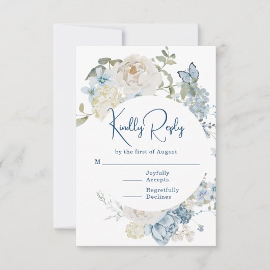 ロマンチックな埃っぽいブルーウォーターの色結婚フローラ 出欠カード (正面)