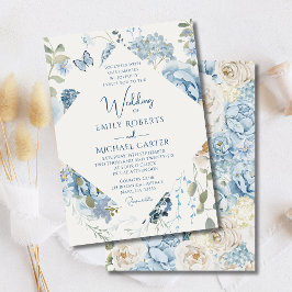 ロマンチックな埃っぽいブルーウォーターの色結婚フローラ 招待状