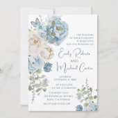 ロマンチックな埃っぽいブルーウォーターの色結婚フローラ 招待状 (正面)