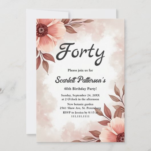 ロマンチックな埃っぽい水彩フローラ40th Birthday 招待状 (正面)