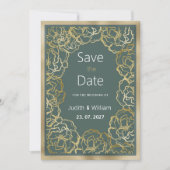 ロマンチックな埃っぽい緑の金ゴールドバラフローラザデイトを保存 招待状 (正面)