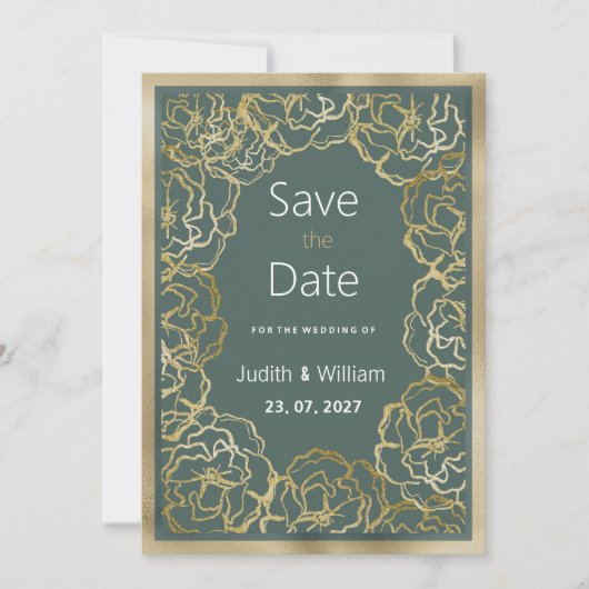 ロマンチックな埃っぽい緑の金ゴールドバラフローラザデイトを保存 招待状 (正面)