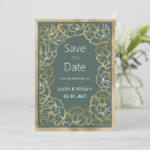 ロマンチックな埃っぽい緑の金ゴールドバラフローラザデイトを保存 招待状 (スタンド正面)