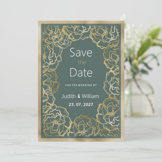 ロマンチックな埃っぽい緑の金ゴールドバラフローラザデイトを保存 招待状 (スタンド正面)