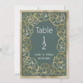 ロマンチックな埃っぽい緑の金ゴールドバラフローラテーブル番号 招待状 (正面)