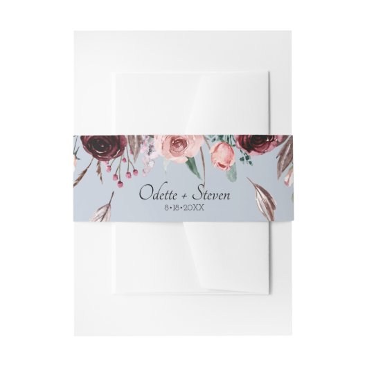 ロマンチックな埃っぽい青とブルゴーニュの結婚花 招待状ベリーバンド (正面例)