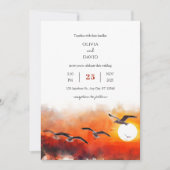 ロマンチックな夏のウミネコの地平線アートビーチウェディング 招待状 (正面)