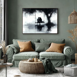 ロマンチックな夕べカップルが木の下でブランコに ポスター