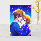 ロマンチックな夜のバレンタインデーに登場するアニメカップル カード (黄色い花)