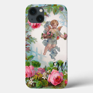 ロマンチックな天使がピンクのバラと花を集めている iPhone 13ケース