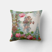 ロマンチックな天使がピンクのバラと花を集める クッション (裏面)