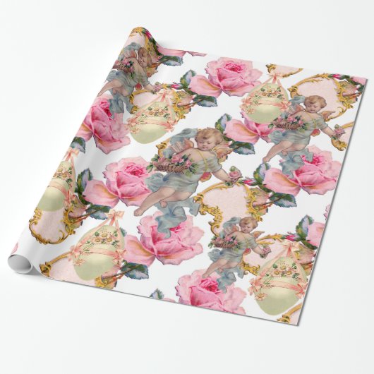 ロマンチックな天使ピンクのバラ、イースターエッグを集める ラッピングペーパー (アンロールド)