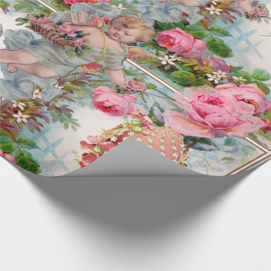 ロマンチックな天使ピンクのバラ、イースターエッグを集める ラッピングペーパー (角)