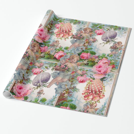 ロマンチックな天使ピンクのバラ、イースターエッグを集める ラッピングペーパー (アンロールド)