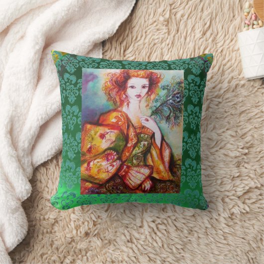 ロマンチックな女きらめく性,孔雀の羽赤い緑 クッション (ブランケット)