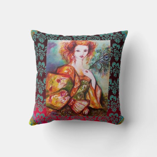 ロマンチックな女きらめく性,孔雀の羽赤い緑 クッション (裏面)