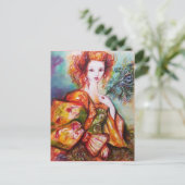 ロマンチックな女性と孔雀の羽ティール（緑がかった色）ブルーダマスク ポストカード (スタンド正面)