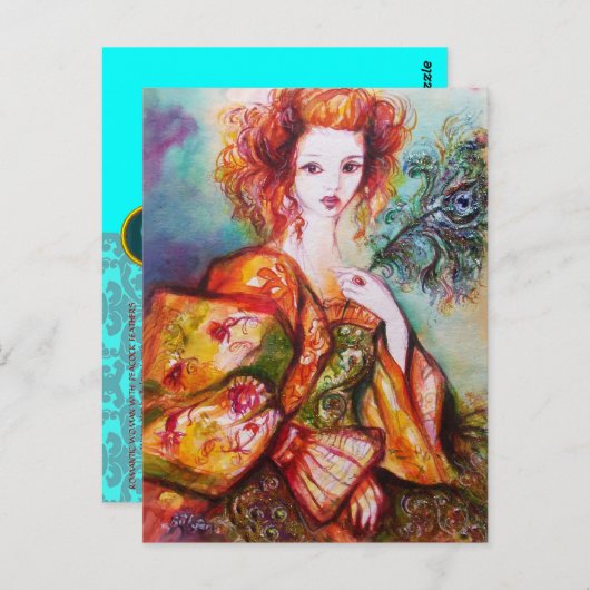 ロマンチックな女性と孔雀の羽ティール（緑がかった色）ブルーダマスク ポストカード (正面/裏面)