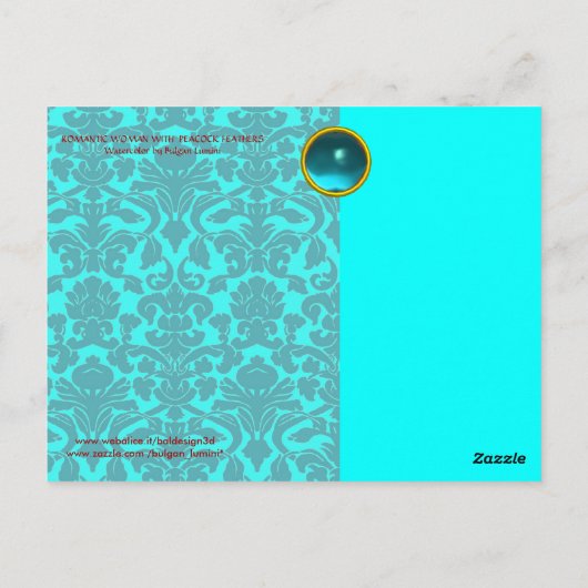 ロマンチックな女性と孔雀の羽ティール（緑がかった色）ブルーダマスク ポストカード (裏面)