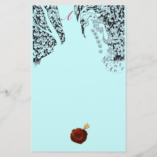 ロマンチックな女性レッドワックスシールモノグラムアクアブルー 便箋 (正面)