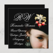 ロマンチックな女性、アンティークの宝石、真珠のグランドオープン 招待状 (正面/裏面)