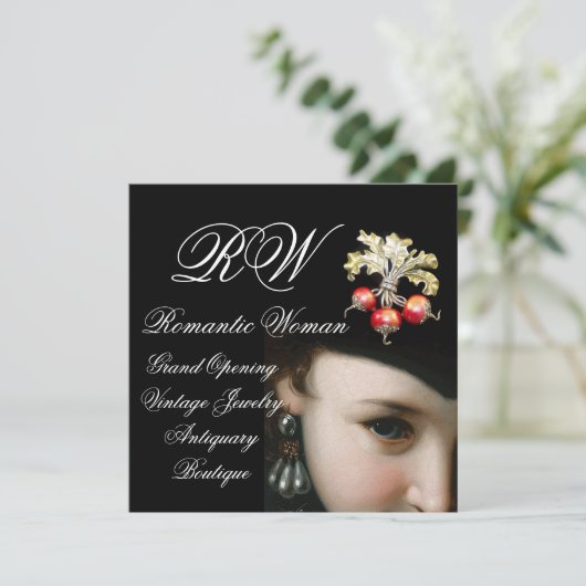 ロマンチックな女性、アンティークの宝石、真珠のグランドオープン 招待状 (スタンド正面)