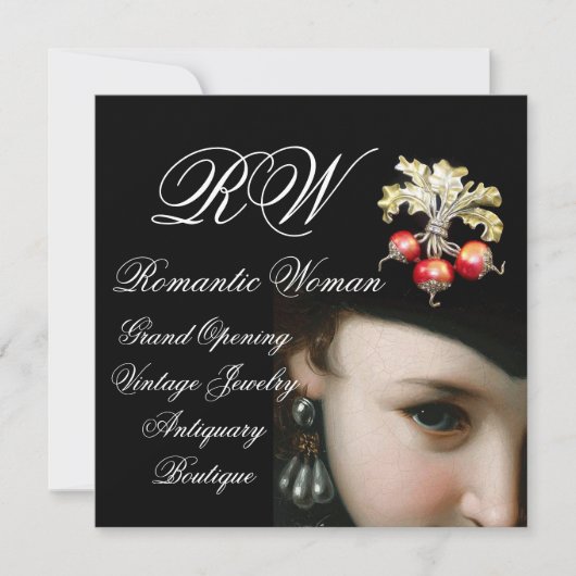 ロマンチックな女性、アンティークの宝石、真珠のグランドオープン 招待状 (正面)