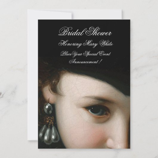 ロマンチックな女性、アンティークの宝石、真珠のブライダルシャワー 招待状 (裏面)