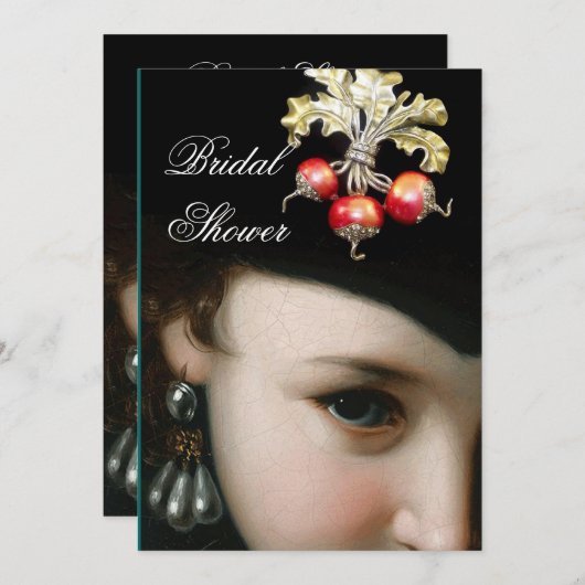 ロマンチックな女性、アンティークの宝石、真珠のブライダルシャワー 招待状 (正面/裏面)