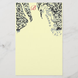 ロマンチックな女性，バラ,自然ブラッククリームモノグラム 便箋