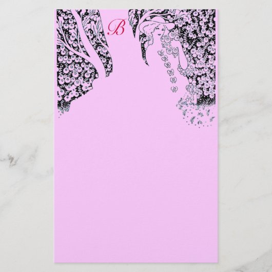 ロマンチックな女性，バラ,自然ブラック薄紫モノグラム 便箋 (正面)