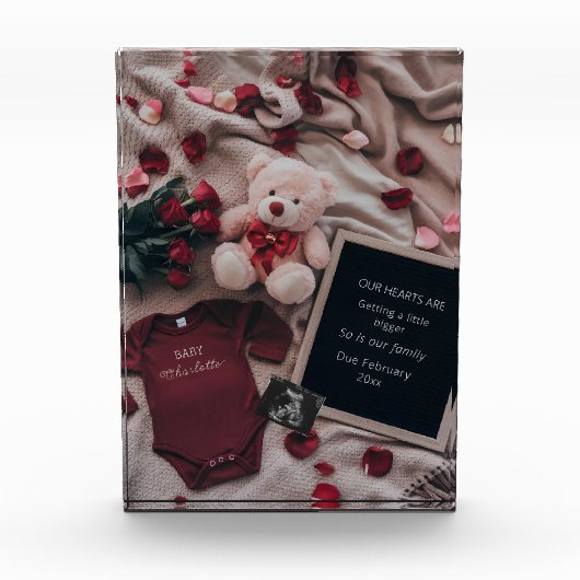 ロマンチックな妊娠のお知らせバラ&テディ フォトブロック (正面)