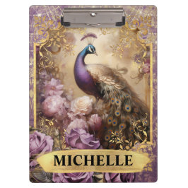 ロマンチックな孔雀と紫のバラファンタジー クリップボード