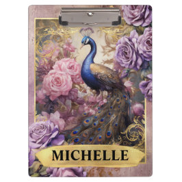 ロマンチックな孔雀と紫のバラファンタジー クリップボード