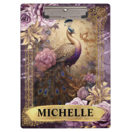 ロマンチックな孔雀と紫のバラファンタジー クリップボード