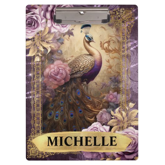 ロマンチックな孔雀と紫のバラファンタジー クリップボード (正面)