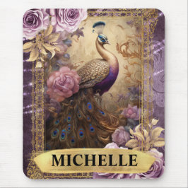 ロマンチックな孔雀と紫のバラファンタジー マウスパッド