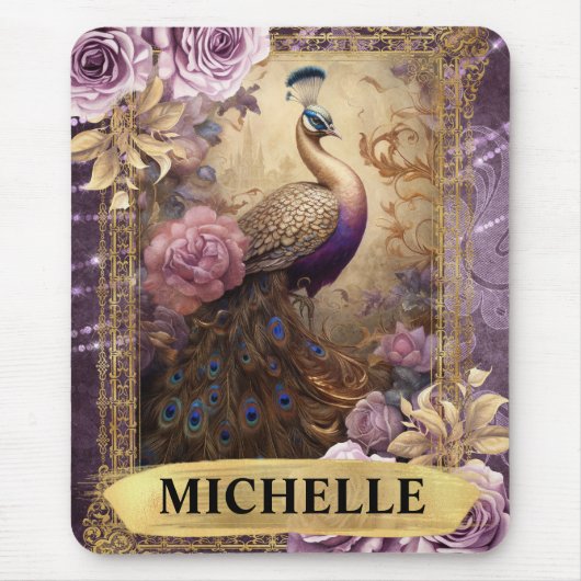 ロマンチックな孔雀と紫のバラファンタジー マウスパッド (正面)