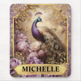 ロマンチックな孔雀と紫のバラファンタジー マウスパッド